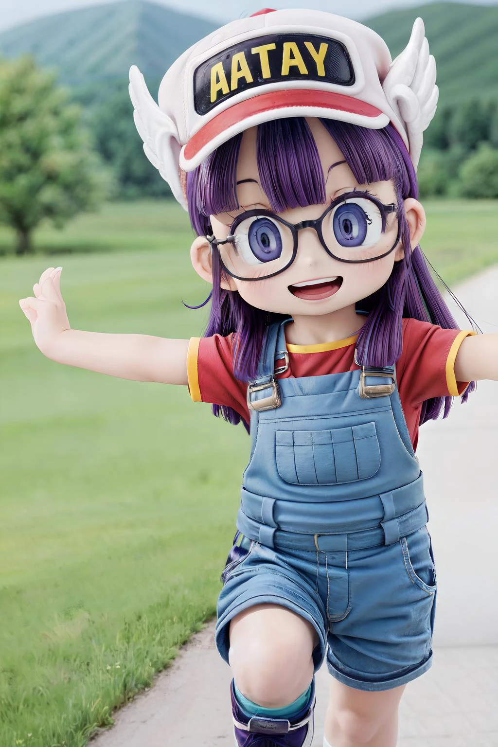 (masterpiece, best quality;1.3), ultra detailed, 1girl, solo, arale, glasses, blue eyes, long hair,purple hair, short sleeves, wing hat, wing cap, red shirt, blue overalls, smile,
<lora:arale:0.9> rural village background, running, bust shot, <lora:add_detail:0.5>