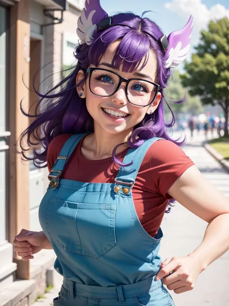 1 cute girl,masterpiece,best quality,photorealistic,HDR,8K,detailed face,beautiful face,detailed skin,arale,glasses,blue eyes,long hair,purple hair,short sleeves,wing hat,wing cap,red shirt,blue overalls,<lora:arale:0.7>, smile, looking at viewer, running
