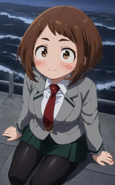 toward the buttocks, Sitting, on back , wide shot from above sitting, look up to, contrapposto, dynamic pose, cinematic lighting, nighttime , wave splash, nighttime , 1girl, <lora:sdxl-mha-ochako:0.7> Uraraka Ochako, thick_eyebrows blush_stickers, brown_hair, brown_eyes, short_hair, sideburns, shiny hair, medium breasts, skindentation +++ v-shaped_eyebrows, :o   +++ u.a._school_uniform, grey_jacket long_sleeves, white_shirt red_necktie, mos green pleated_skirt, black stocking , extremely quality extremely detailed, illustration, cute anime face