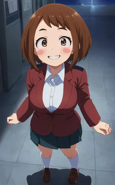 , arms behind back , Birdfs Eye View, looking at another, contrapposto, dynamic pose, cinematic lighting, nighttime , Post Office, daytime , 
1girl, <lora:sdxl-mha-ochako:0.7> Uraraka Ochako, thick_eyebrows blush_stickers, brown_hair, brown_eyes, short_hair, sideburns, shiny hair, medium breasts, skindentation +++ smile, fang , Jacket , vermilion kigurumi  high socks Dance shoes, extremely quality extremely detailed, illustration, cute anime face