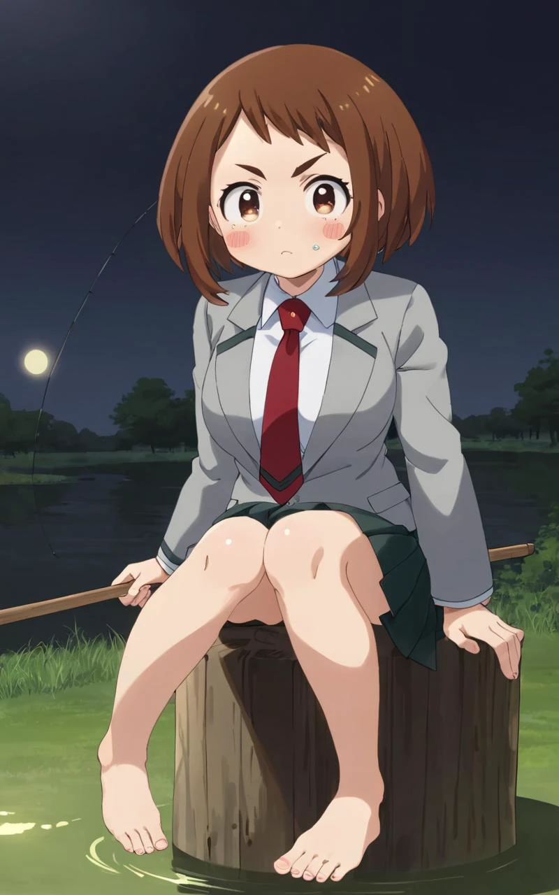 foot focus (focus sole of foot), Sitting, stump , full body, looking at another, contrapposto, dynamic pose, cinematic lighting, daytime , Fishing pond, nighttime , 1girl, <lora:sdxl-mha-ochako:0.7> Uraraka Ochako, thick_eyebrows blush_stickers, brown_hair, brown_eyes, short_hair, sideburns, shiny hair, medium breasts, skindentation +++ v-shaped_eyebrows, :o +++ u.a._school_uniform, grey_jacket long_sleeves, white_shirt red_necktie, mos green pleated_skirt, black stocking , extremely quality extremely detailed, illustration, cute anime face