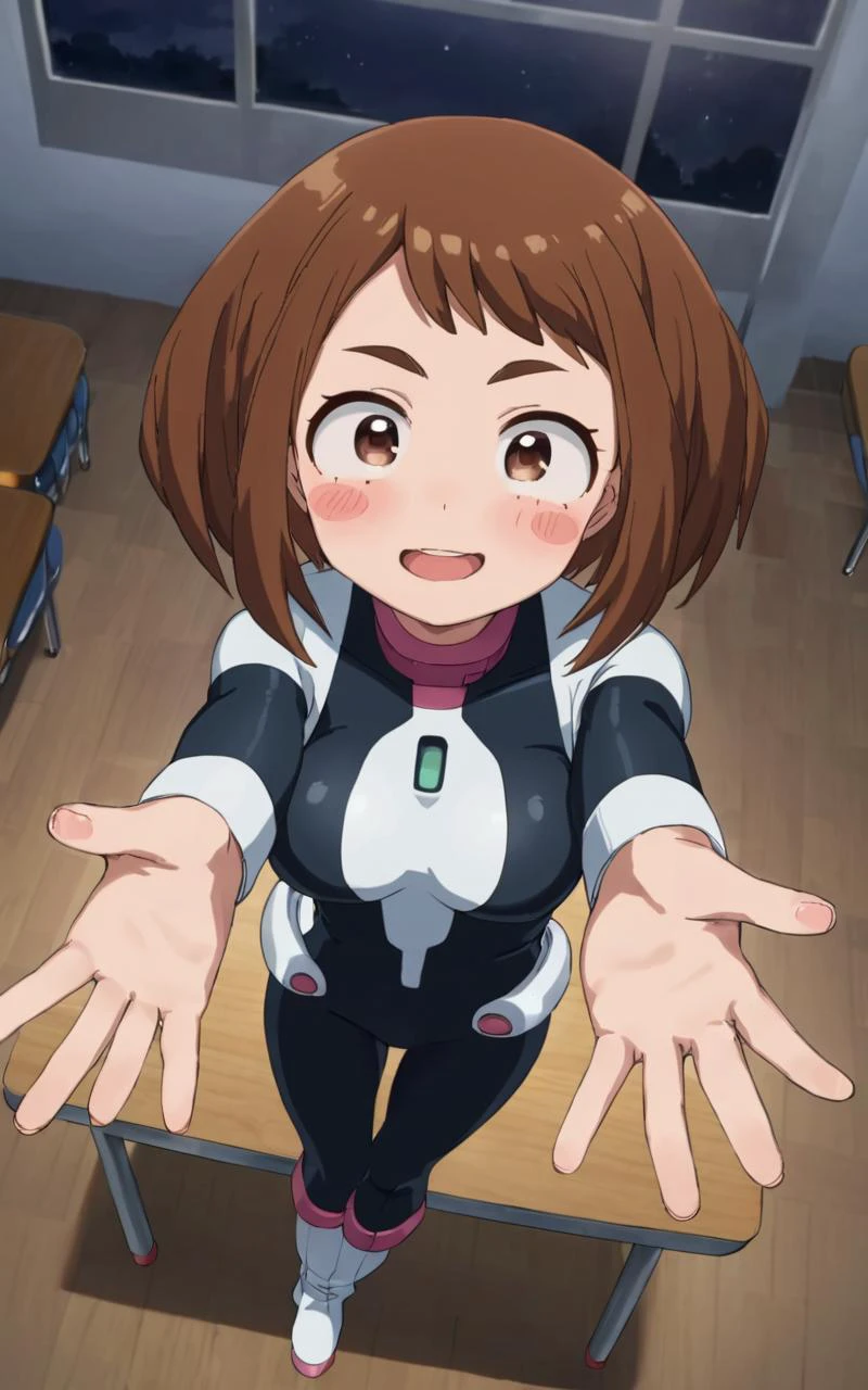 POV, outstretched arms , High Angle, looking to the side, contrapposto, dynamic pose, cinematic lighting, daytime , school, tables, chairs, nighttime , 1girl, <lora:sdxl-mha-ochako:0.7> Uraraka Ochako, thick_eyebrows blush_stickers, brown_hair, brown_eyes, short_hair, sideburns, shiny hair, medium breasts, skindentation +++ happy, :) +++ OchaCos, bodysuit, fingertip paw pad, white high-heels boots, arms wear, black tights, headgear , extremely quality extremely detailed, illustration, cute anime face