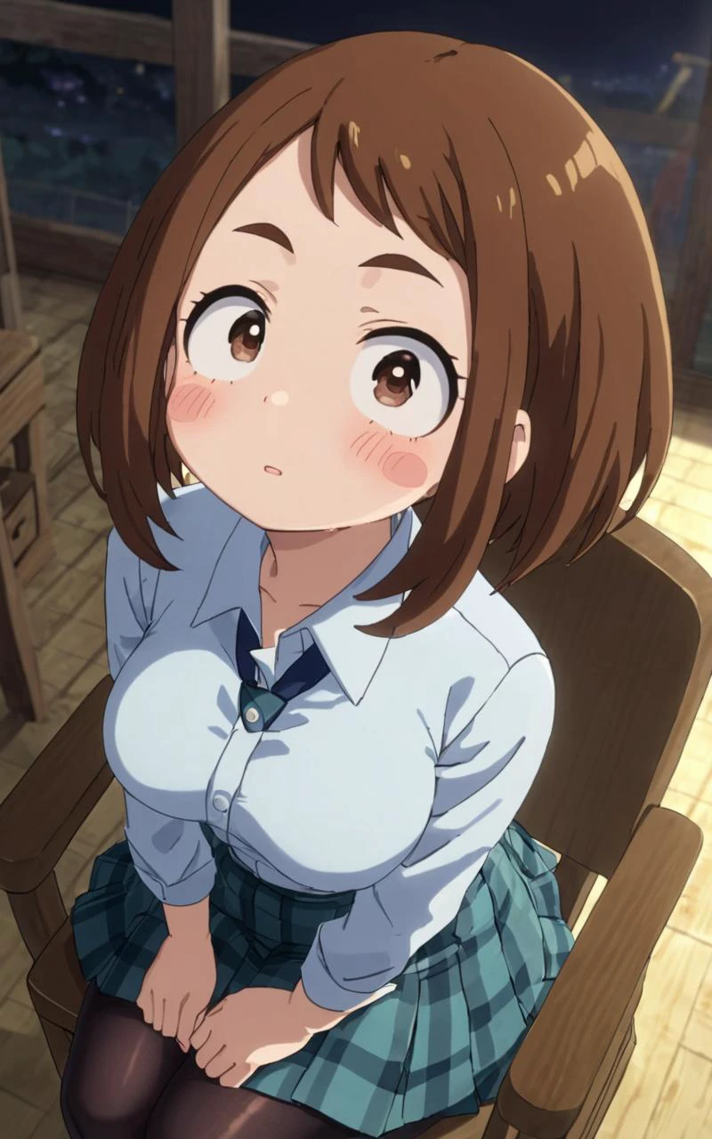 on back, Sitting, wood chair , Overhead Shot, looking up, contrapposto, dynamic pose, cinematic lighting, nighttime , Cattle farm, daytime ,
1girl, <lora:sdxl-mha-ochako:0.7> Uraraka Ochako, thick_eyebrows blush_stickers, brown_hair, brown_eyes, short_hair, sideburns, shiny hair, medium breasts, skindentation +++ v-shaped_eyebrows, :o , , clear iridescence gingham check collared shirt aqua checked skirt, drawers pantyhose full brogue, extremely quality extremely detailed, illustration, cute anime face