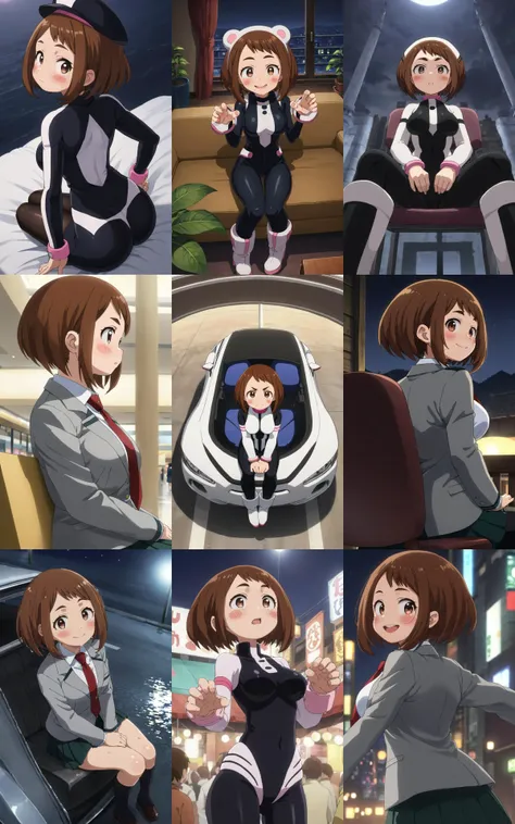 __view__, { __posesSitting__ | __poses__ }, __shots__, __look__, contrapposto, dynamic pose, cinematic lighting, { daytime | nighttime }, __sceneFULL__, { daytime | nighttime }, 1girl, <lora:sdxl-mha-ochako:0.7> Uraraka Ochako, thick_eyebrows blush_stickers, brown_hair, brown_eyes, short_hair, sideburns, shiny hair, medium breasts, skindentation +++ { __facialS__ | smile | :D | v-shaped_eyebrows, :o } +++ { OchaCos, bodysuit, fingertip paw, white high-heels boots, arms wear, black tights face gurad, head wear | u.a._school_uniform, grey_jacket long_sleeves, white_shirt red_necktie, mos green pleated_skirt, black stocking }, extremely quality extremely detailed, illustration, cute anime face