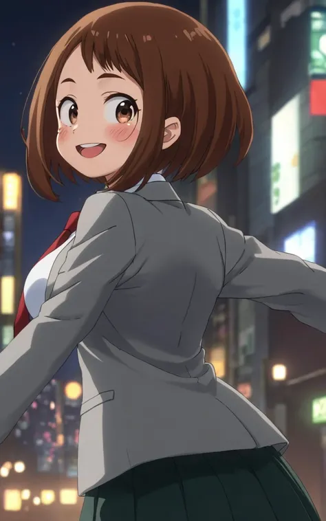 reaching out, shake one's buttocks, looking back , upper body, looking at viewer, contrapposto, dynamic pose, cinematic lighting, nighttime , Virtual Reality City, nighttime , 1girl, <lora:sdxl-mha-ochako:0.7> Uraraka Ochako, thick_eyebrows blush_stickers, brown_hair, brown_eyes, short_hair, sideburns, shiny hair, medium breasts, skindentation +++ wavy mouth, smile +++ u.a._school_uniform, grey_jacket long_sleeves, white_shirt red_necktie, mos green pleated_skirt, black stocking , extremely quality extremely detailed, illustration, cute anime face