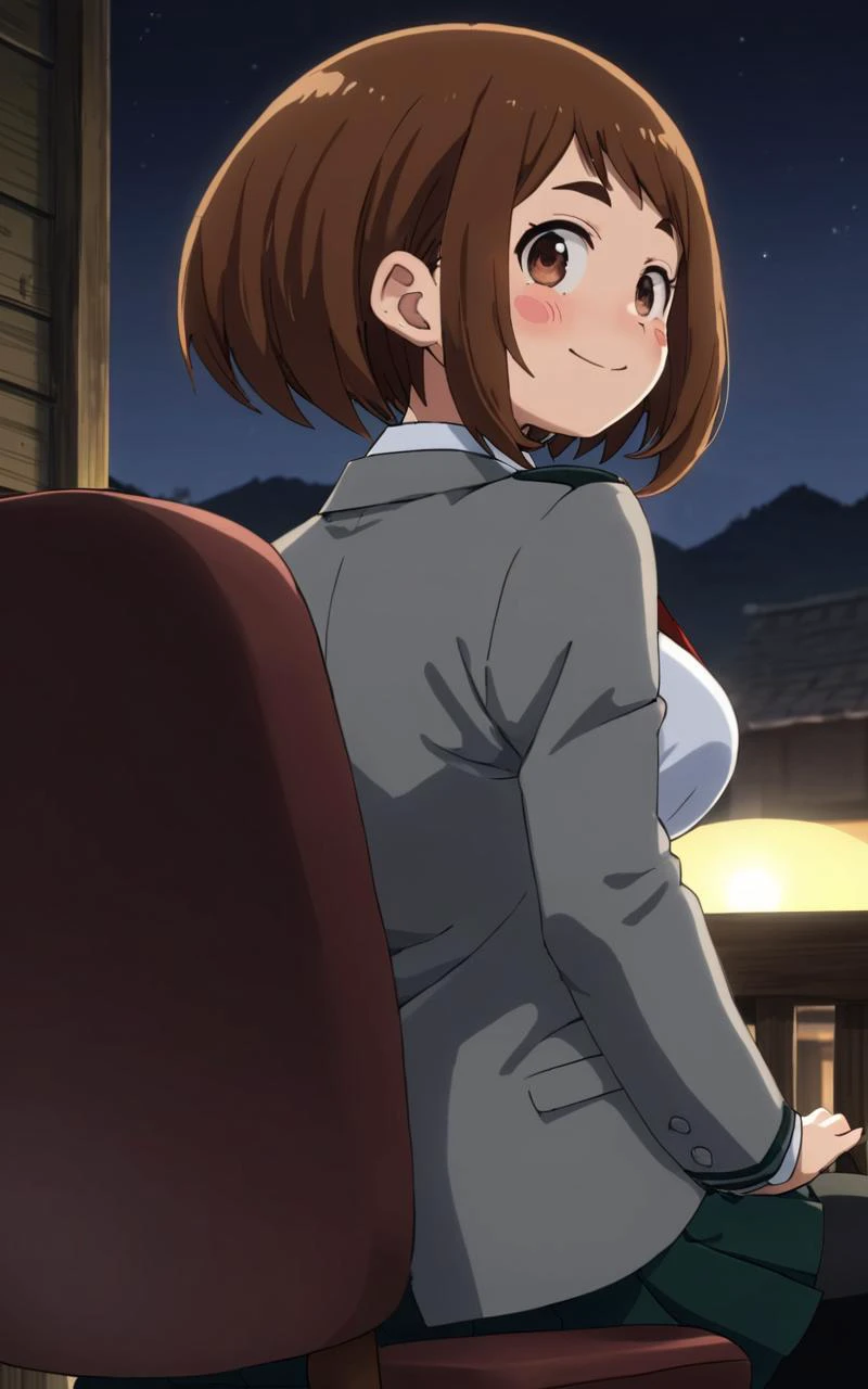 hip focus, Sitting, chair , Wormfs Eye View, looking back, contrapposto, dynamic pose, cinematic lighting, nighttime , Hackerfs Hideout, nighttime , 1girl, <lora:sdxl-mha-ochako:0.7> Uraraka Ochako, thick_eyebrows blush_stickers, brown_hair, brown_eyes, short_hair, sideburns, shiny hair, medium breasts, skindentation +++ kind smile +++ u.a._school_uniform, grey_jacket long_sleeves, white_shirt red_necktie, mos green pleated_skirt, black stocking , extremely quality extremely detailed, illustration, cute anime face