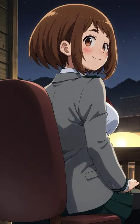 hip focus, Sitting, chair , Wormfs Eye View, looking back, contrapposto, dynamic pose, cinematic lighting, nighttime , Hackerfs Hideout, nighttime , 1girl, <lora:sdxl-mha-ochako:0.7> Uraraka Ochako, thick_eyebrows blush_stickers, brown_hair, brown_eyes, short_hair, sideburns, shiny hair, medium breasts, skindentation +++ kind smile +++ u.a._school_uniform, grey_jacket long_sleeves, white_shirt red_necktie, mos green pleated_skirt, black stocking , extremely quality extremely detailed, illustration, cute anime face