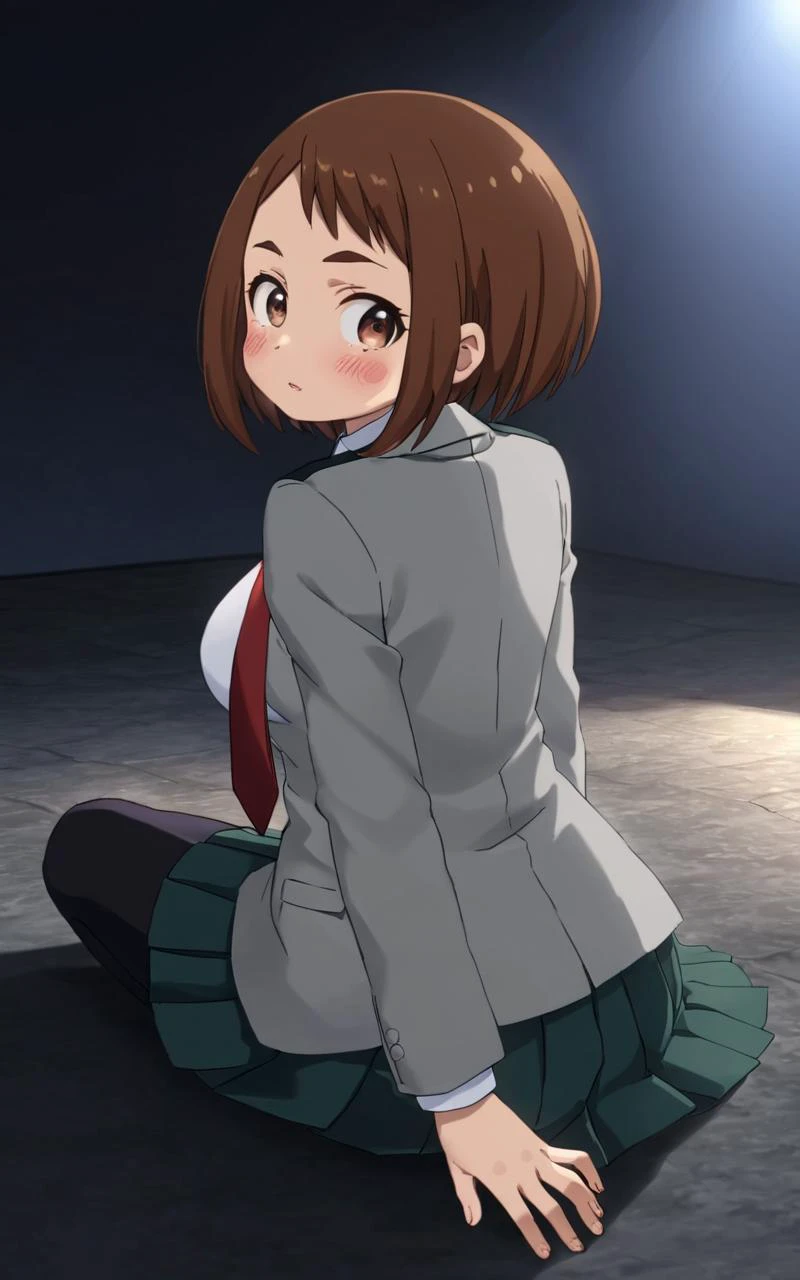 , Sitting, indian style , full body, looking back, contrapposto, dynamic pose, cinematic lighting, nighttime , Oraclefs Chamber, nighttime , 1girl, <lora:sdxl-mha-ochako:0.7> Uraraka Ochako, thick_eyebrows blush_stickers, brown_hair, brown_eyes, short_hair, sideburns, shiny hair, medium breasts, skindentation +++ Excited +++ u.a._school_uniform, grey_jacket long_sleeves, white_shirt red_necktie, mos green pleated_skirt, black stocking , extremely quality extremely detailed, illustration, cute anime face