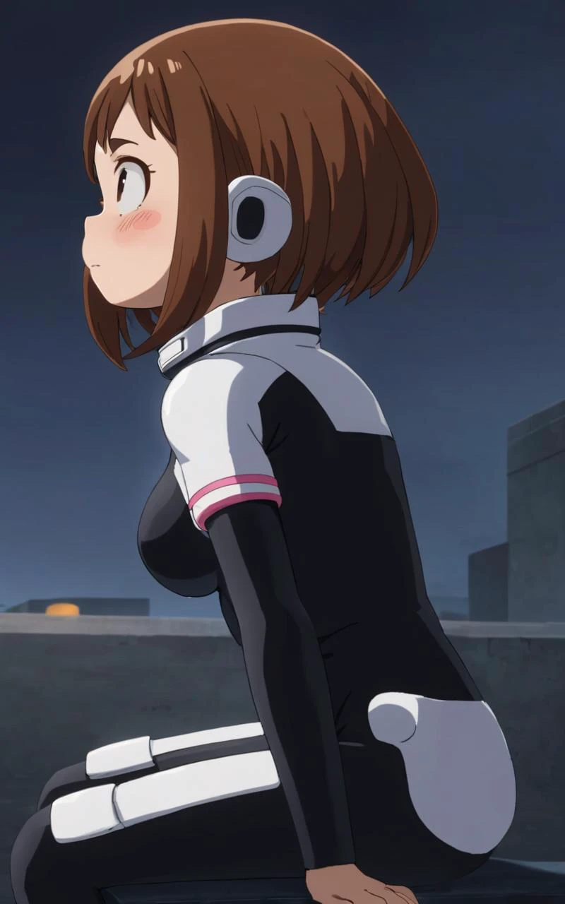 From Up, Sitting, on back , Profile Shot, looking up, contrapposto, dynamic pose, cinematic lighting, daytime , Forbidden Grounds, nighttime , 1girl, <lora:sdxl-mha-ochako:0.7> Uraraka Ochako, thick_eyebrows blush_stickers, brown_hair, brown_eyes, short_hair, sideburns, shiny hair, medium breasts, skindentation +++ :D +++ OchaCos, bodysuit, fingertip paw pad, white high-heels boots, arms wear, black tights, headgear , extremely quality extremely detailed, illustration, cute anime face