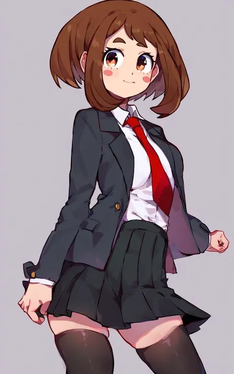 1girl, solo, <lora:sdxl-mha-ochako-pony:0.2> Uraraka Ochako, thick_eyebrows blush_stickers, brown_hair, brown_eyes, short_hair, sideburns, shiny hair, medium breasts, skindentation +++ Joyful +++ u.a._school_uniform, grey_jacket long_sleeves, white_shirt red_necktie, mos green pleated_skirt, black stocking Binary Waterfalls, score_9, score_8_up, source_anime