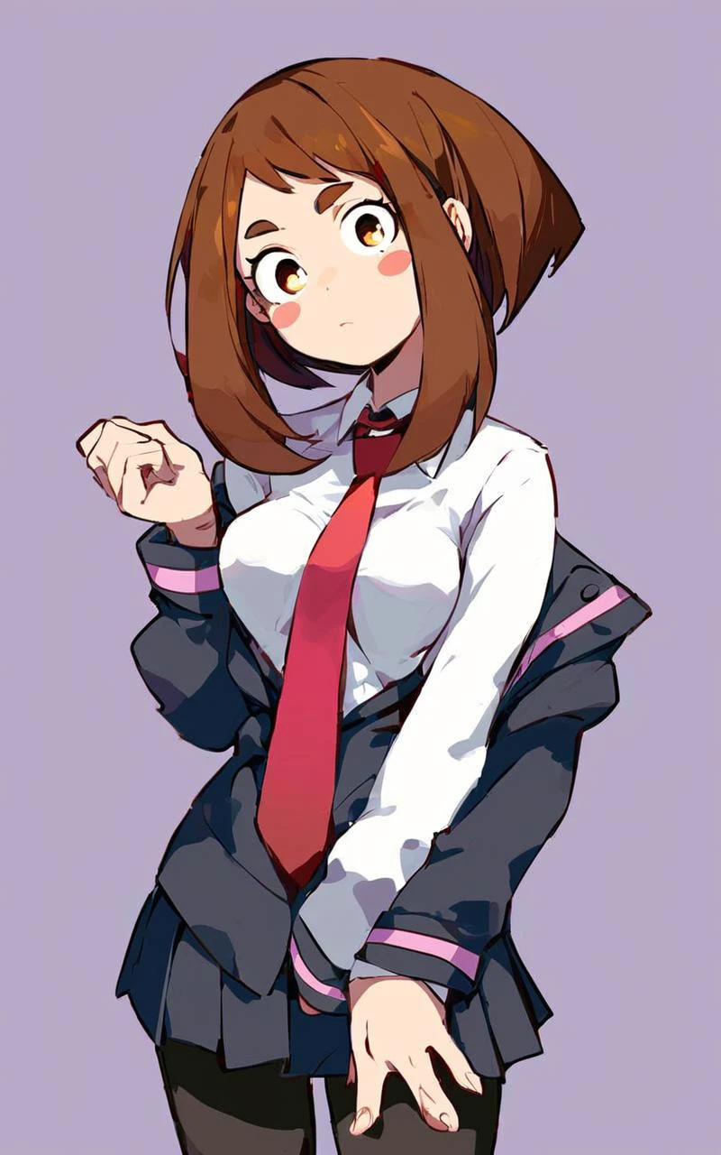 1girl, solo, <lora:sdxl-mha-ochako-pony:0.2> Uraraka Ochako, thick_eyebrows blush_stickers, brown_hair, brown_eyes, short_hair, sideburns, shiny hair, medium breasts, skindentation +++ v-shaped_eyebrows, :o +++ u.a._school_uniform, grey_jacket long_sleeves, white_shirt red_necktie, mos green pleated_skirt, black stocking Electronic Scrap Market, score_9, score_8_up, source_anime