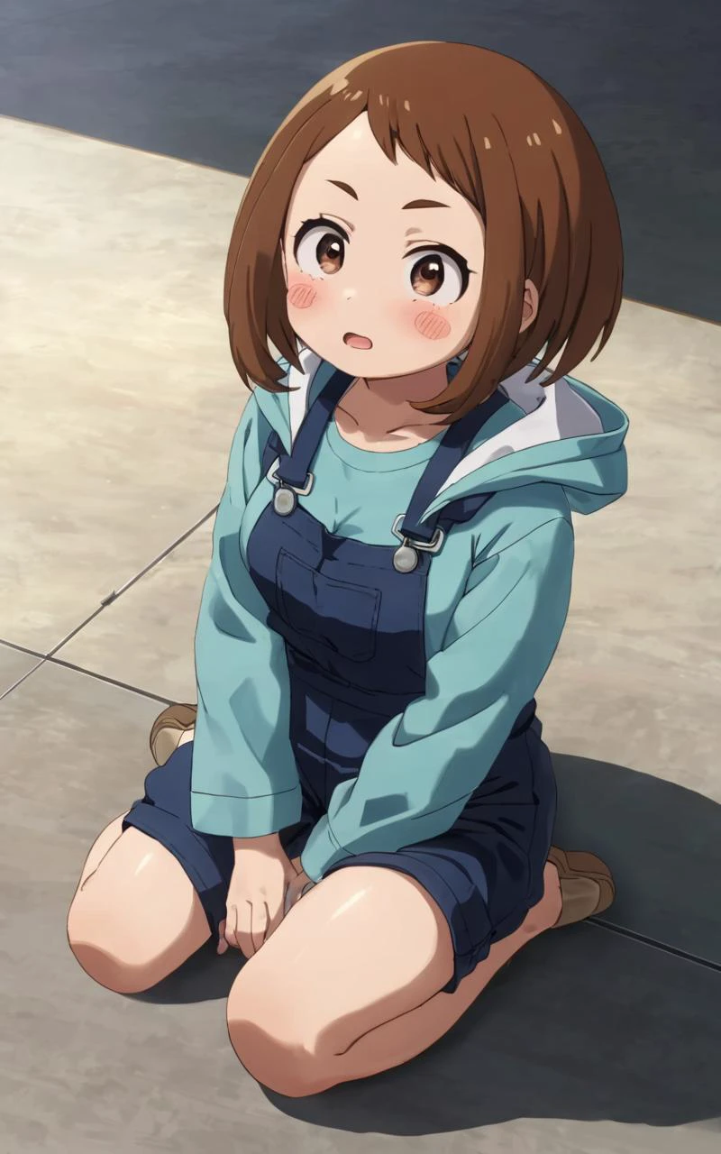 hip focus, Sitting, seiza , Dutch Angle/Dutch TiltAfullbody, look up to, contrapposto, dynamic pose, cinematic lighting, daytime , Simulation Universes, daytime ,
1girl, <lora:sdxl-mha-ochako:0.7> Uraraka Ochako, thick_eyebrows blush_stickers, brown_hair, brown_eyes, short_hair, sideburns, shiny hair, medium breasts, skindentation +++ v-shaped_eyebrows, :o , Raincoat , indigo overall, turquoise T-shirt thighhighs Moccasins, extremely quality extremely detailed, illustration, cute anime face