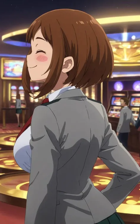 from behind, closed eyes smile incoming kiss POV , Profile Shot, looking back, contrapposto, dynamic pose, cinematic lighting, daytime , Casino, nighttime , 1girl, <lora:sdxl-mha-ochako:0.7> Uraraka Ochako, thick_eyebrows blush_stickers, brown_hair, brown_eyes, short_hair, sideburns, shiny hair, medium breasts, skindentation +++ kind smile +++ u.a._school_uniform, grey_jacket long_sleeves, white_shirt red_necktie, mos green pleated_skirt, black stocking , extremely quality extremely detailed, illustration, cute anime face