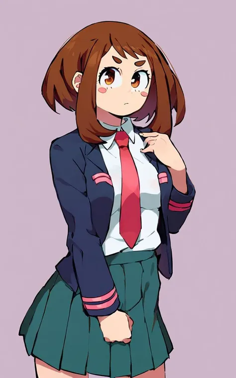 1girl, solo, <lora:sdxl-mha-ochako-pony:0.3> Uraraka Ochako, thick_eyebrows blush_stickers, brown_hair, brown_eyes, short_hair, sideburns, shiny hair, medium breasts, skindentation +++ :D  +++ u.a._school_uniform, grey_jacket long_sleeves, white_shirt red_necktie, mos green pleated_skirt, black stocking  Parallel Universe, score_9, score_8_up, source_anime