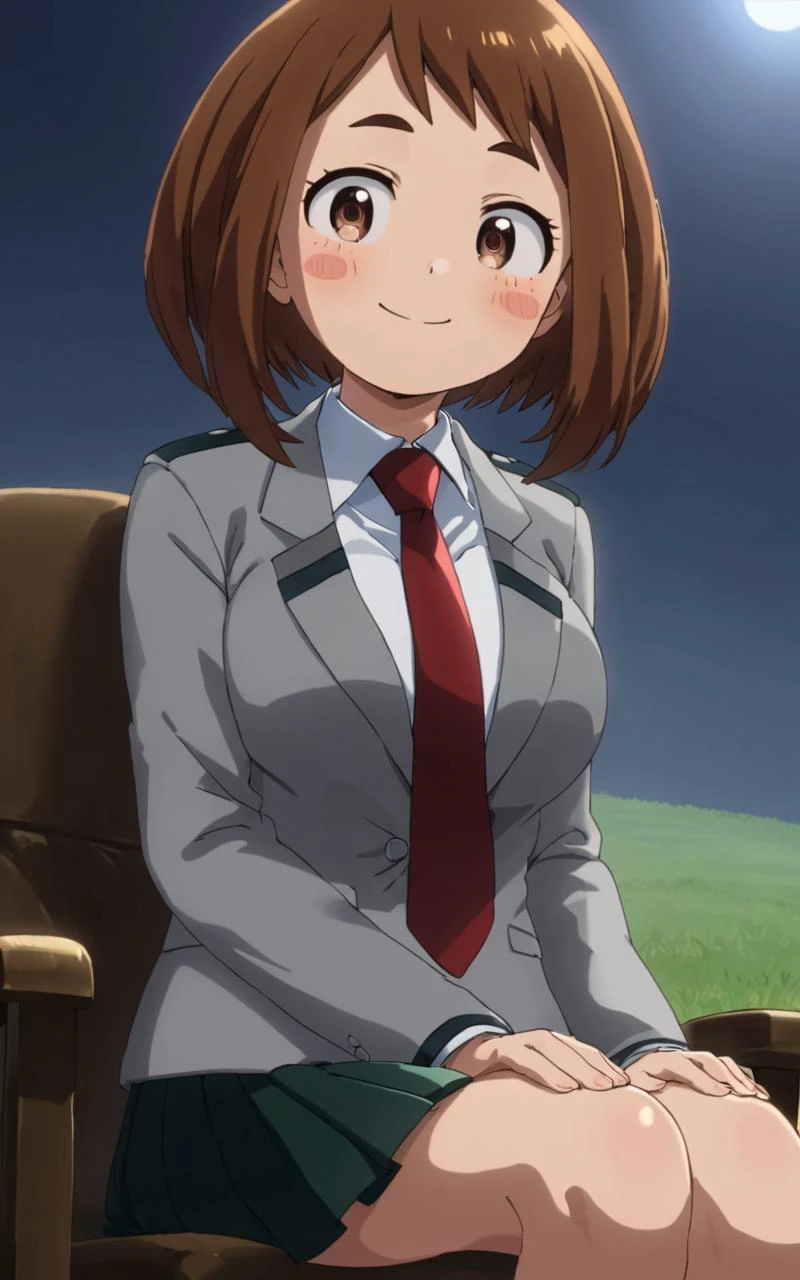 From a Distance, Sitting, leather chair , Wormfs Eye View, looking ahead, contrapposto, dynamic pose, cinematic lighting, nighttime , Morning in the Meadow, nighttime , 1girl, <lora:sdxl-mha-ochako:0.7> Uraraka Ochako, thick_eyebrows blush_stickers, brown_hair, brown_eyes, short_hair, sideburns, shiny hair, medium breasts, skindentation +++ smile +++ u.a._school_uniform, grey_jacket long_sleeves, white_shirt red_necktie, mos green pleated_skirt, black stocking , extremely quality extremely detailed, illustration, cute anime face