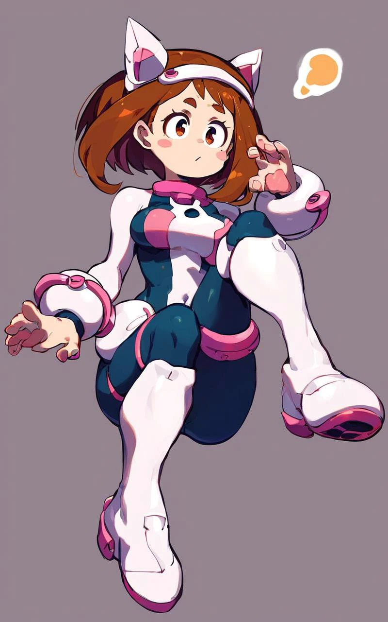 1girl, solo, <lora:sdxl-mha-ochako-pony:0.2> Uraraka Ochako, thick_eyebrows blush_stickers, brown_hair, brown_eyes, short_hair, sideburns, shiny hair, medium breasts, skindentation +++ :3 +++ OchaCos, bodysuit, fingertip paw pad, white high-heels boots, arms wear, black tights, headgear Algorithm Arches, score_9, score_8_up, source_anime