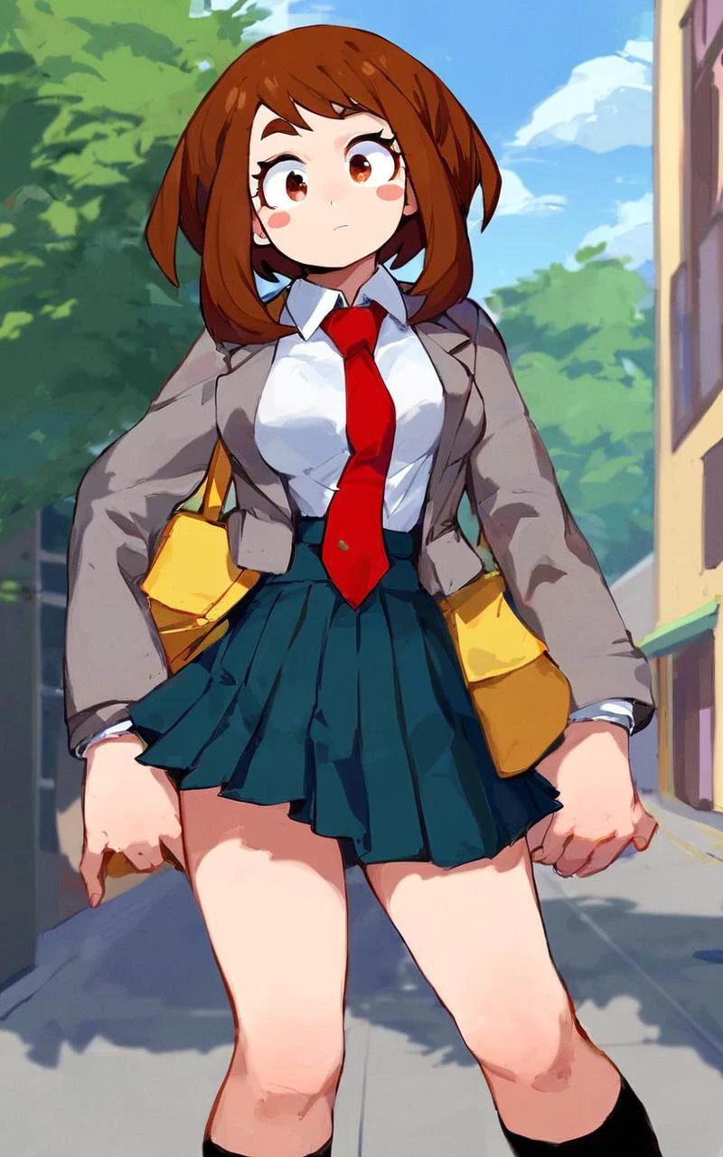 1girl, solo, <lora:sdxl-mha-ochako-pony:0.2> Uraraka Ochako, thick_eyebrows blush_stickers, brown_hair, brown_eyes, short_hair, sideburns, shiny hair, medium breasts, skindentation +++ :D +++ u.a._school_uniform, grey_jacket long_sleeves, white_shirt red_necktie, mos green pleated_skirt, black stocking Sky Kingdom, score_9, score_8_up, source_anime
