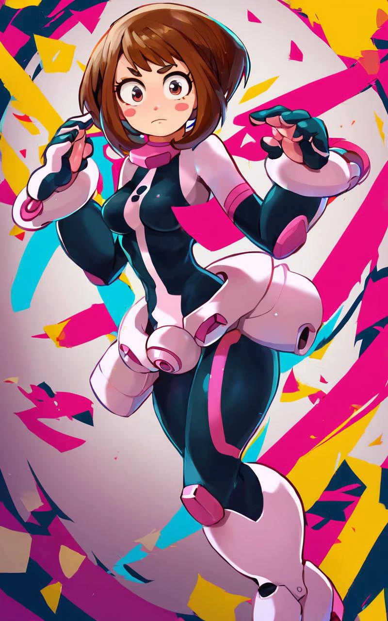 1girl, solo, <lora:sdxl-mha-ochako-pony:0.3> Uraraka Ochako, thick_eyebrows blush_stickers, brown_hair, brown_eyes, short_hair, sideburns, shiny hair, medium breasts, skindentation +++ v-shaped_eyebrows, :o +++ OchaCos, bodysuit, fingertip paw pad, white high-heels boots, arms wear, black tights, headgear Drone Port, score_9, score_8_up, source_anime
