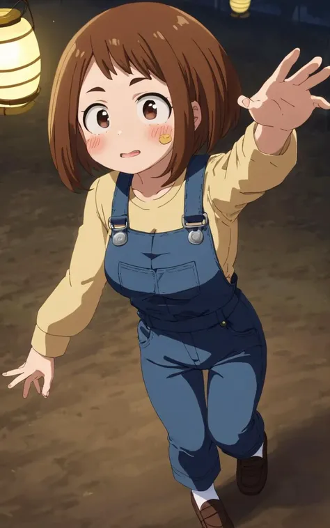 hip focus, balancing pose , Aerial Shot, look up to, contrapposto, dynamic pose, cinematic lighting, nighttime , Beekeeping farm, daytime , 
1girl, <lora:sdxl-mha-ochako:0.7> Uraraka Ochako, thick_eyebrows blush_stickers, brown_hair, brown_eyes, short_hair, sideburns, shiny hair, medium breasts, skindentation +++ :D , Vest Jacket , blue overall, vermilion T-shirt  ankle socks loafer, extremely quality extremely detailed, illustration, cute anime face