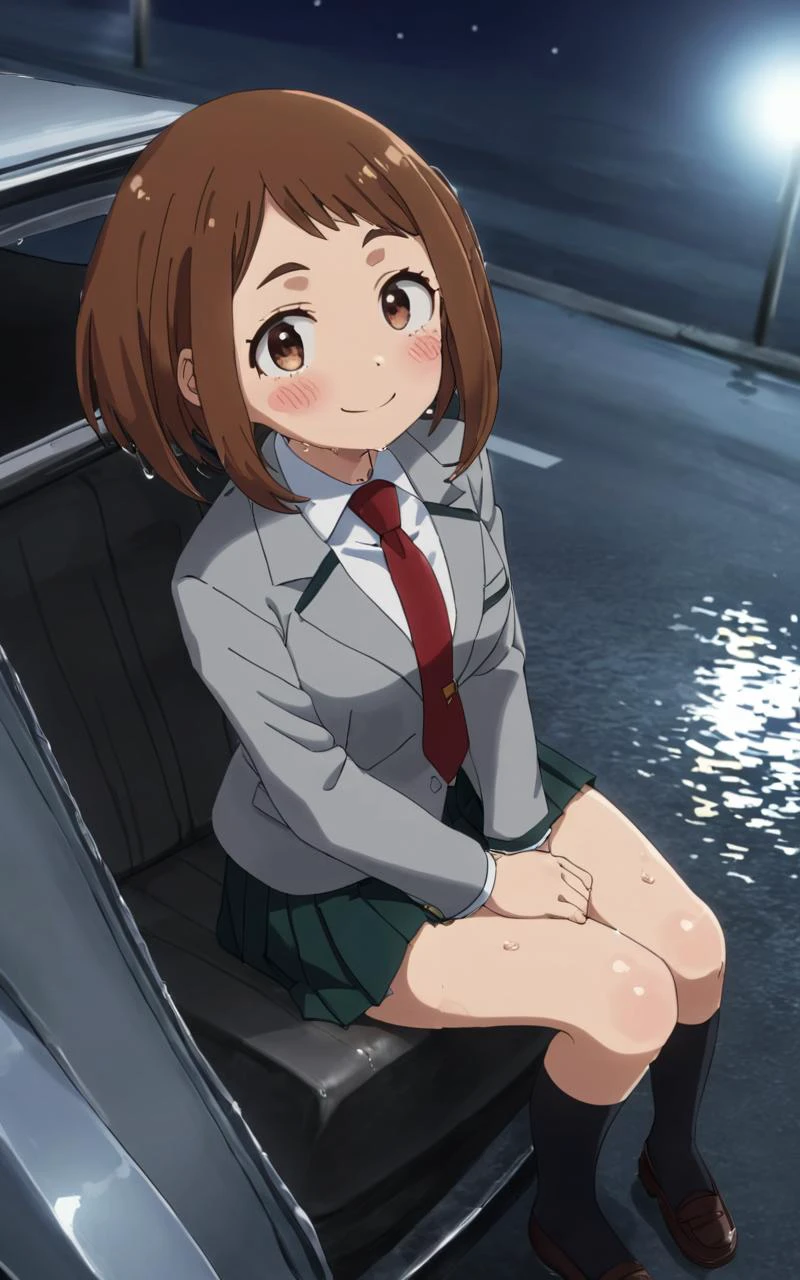 From Up, Sitting, on car , fullbody, looking down, contrapposto, dynamic pose, cinematic lighting, nighttime , wet water drop, lying_on_water, detailed wet clothes, wet hair, daytime , 1girl, <lora:sdxl-mha-ochako:0.7> Uraraka Ochako, thick_eyebrows blush_stickers, brown_hair, brown_eyes, short_hair, sideburns, shiny hair, medium breasts, skindentation +++ smile +++ u.a._school_uniform, grey_jacket long_sleeves, white_shirt red_necktie, mos green pleated_skirt, black stocking , extremely quality extremely detailed, illustration, cute anime face