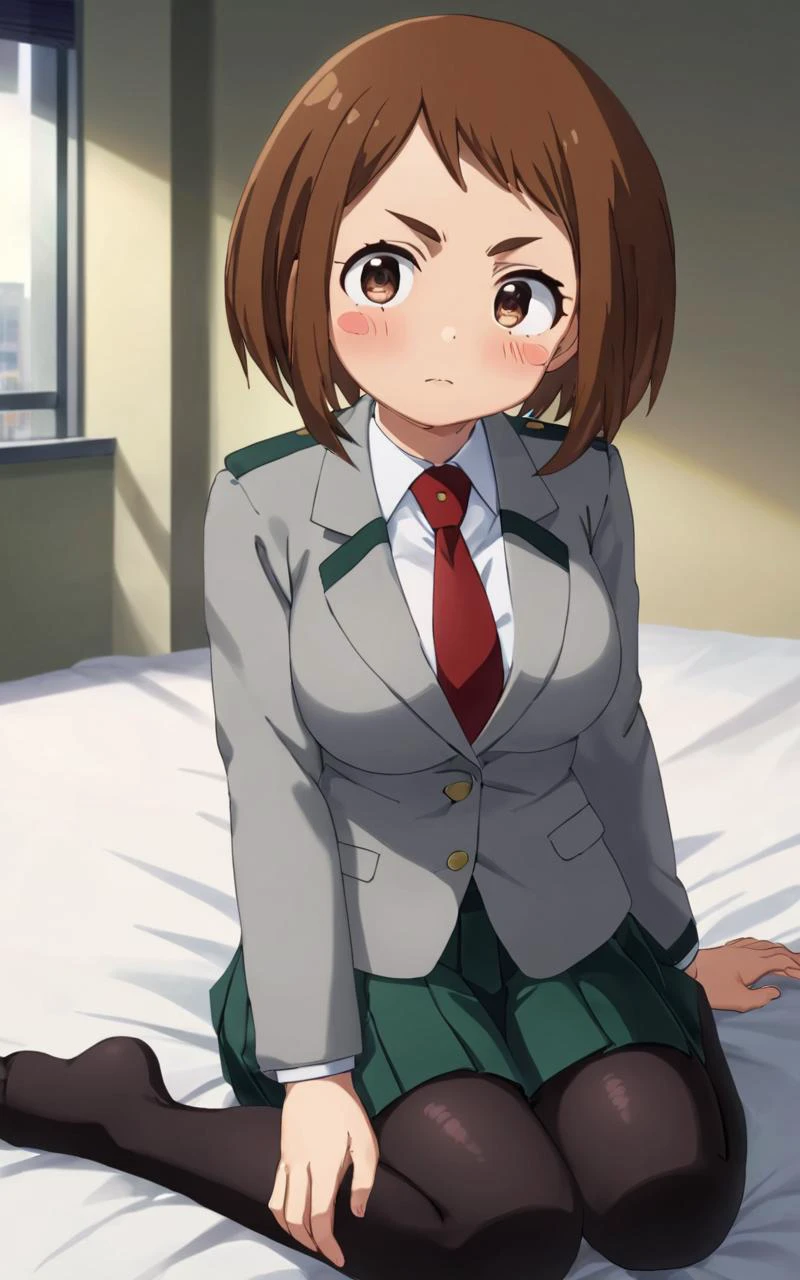 , Sitting, on bed , full body, looking down, contrapposto, dynamic pose, cinematic lighting, daytime , Urban River View, daytime , 1girl, <lora:sdxl-mha-ochako:0.7> Uraraka Ochako, thick_eyebrows blush_stickers, brown_hair, brown_eyes, short_hair, sideburns, shiny hair, medium breasts, skindentation +++ v-shaped_eyebrows, :o +++ u.a._school_uniform, grey_jacket long_sleeves, white_shirt red_necktie, mos green pleated_skirt, black stocking , extremely quality extremely detailed, illustration, cute anime face