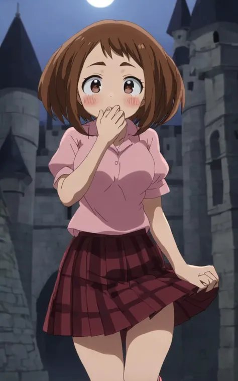 , Covering mouth with hand , cowboy shot, looking at viewer, contrapposto, dynamic pose, cinematic lighting, daytime , Vampire Castle, nighttime ,
1girl, <lora:sdxl-mha-ochako:0.7> Uraraka Ochako, thick_eyebrows blush_stickers, brown_hair, brown_eyes, short_hair, sideburns, shiny hair, medium breasts, skindentation +++ Overjoyed , , coral serafuku, burgundy checked pleated_skirtskirt ankle socks slippers, extremely quality extremely detailed, illustration, cute anime face