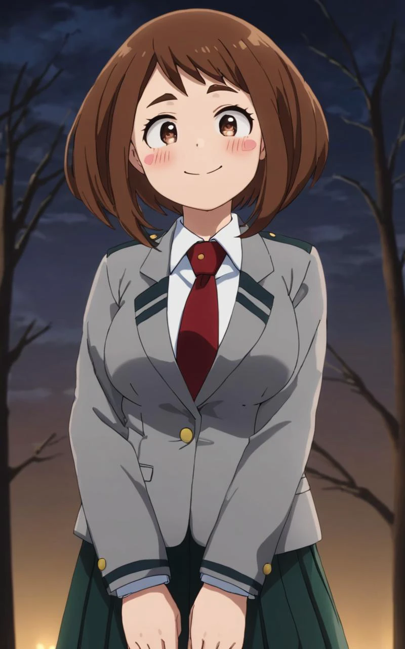 From Up, arm at side, head tilt , , looking down, contrapposto, dynamic pose, cinematic lighting, nighttime , tree rustling, nighttime , 1girl, <lora:sdxl-mha-ochako:0.7> Uraraka Ochako, thick_eyebrows blush_stickers, brown_hair, brown_eyes, short_hair, sideburns, shiny hair, medium breasts, skindentation +++ smile +++ u.a._school_uniform, grey_jacket long_sleeves, white_shirt red_necktie, mos green pleated_skirt, black stocking , extremely quality extremely detailed, illustration, cute anime face