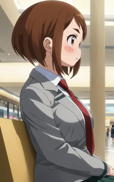 From Up, Sitting, on back , Profile Shot, looking afar, contrapposto, dynamic pose, cinematic lighting, daytime , Shopping Mall, daytime , 1girl, <lora:sdxl-mha-ochako:0.7> Uraraka Ochako, thick_eyebrows blush_stickers, brown_hair, brown_eyes, short_hair, sideburns, shiny hair, medium breasts, skindentation +++ v-shaped_eyebrows, :o +++ u.a._school_uniform, grey_jacket long_sleeves, white_shirt red_necktie, mos green pleated_skirt, black stocking , extremely quality extremely detailed, illustration, cute anime face