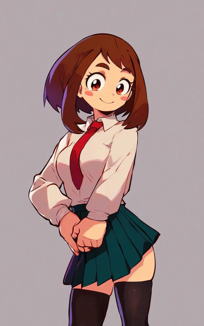 1girl, solo, <lora:sdxl-mha-ochako-pony:0.2> Uraraka Ochako, thick_eyebrows blush_stickers, brown_hair, brown_eyes, short_hair, sideburns, shiny hair, medium breasts, skindentation +++ smile +++ u.a._school_uniform, grey_jacket long_sleeves, white_shirt red_necktie, mos green pleated_skirt, black stocking Data Mining Facilities, score_9, score_8_up, source_anime