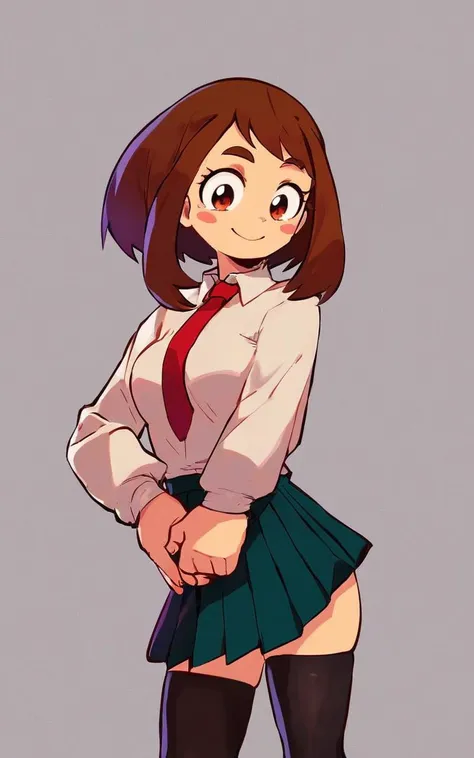 1girl, solo, <lora:sdxl-mha-ochako-pony:0.2> Uraraka Ochako, thick_eyebrows blush_stickers, brown_hair, brown_eyes, short_hair, sideburns, shiny hair, medium breasts, skindentation +++ smile  +++ u.a._school_uniform, grey_jacket long_sleeves, white_shirt red_necktie, mos green pleated_skirt, black stocking  Data Mining Facilities, score_9, score_8_up, source_anime