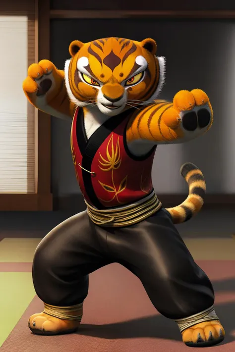 3d render, master_tigress, red chinese vest, black pants, paws, tail, yellow sclera, looking at camera, angry, fighting pose,
standing in a dojo, <lora:master_tigress_v4_PMv1_896:.7> extremely detailed, hdr,