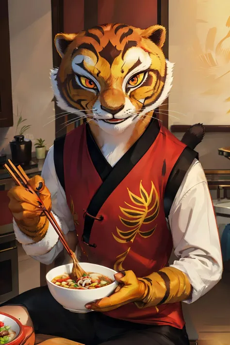 cartoon, 2d, master_tigress, red chinese vest, black pants, tail, yellow sclera, red eyes, fur, furry texture, looking at viewer, smiling, happy, holding chopsticks,
sitting, indoors, kitchen, eating a bowl of noodles, <lora:master_tigress_v4_PMv1_896:.7> extremely detailed, hdr,