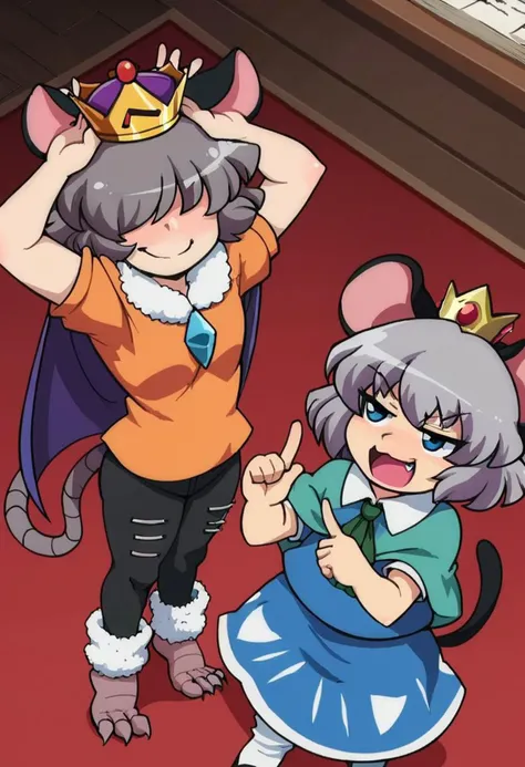 source_anime, source_pixiv, Chestnut-shaped mouth
<lora:NYN_V10:0.85>,NYN
2girls, Perfect Face, perfect hands,  cheese, holding cheese
Face close up, character portrait, avatar,hair covering eyes,  dark grey hair, fluffy-curly hair, pointing, measuring stick, toned, muscles, tights,  , humiliation, cape, white gloves, fuzzy leg warmers, monocle, crown,, very tall woman, skinny, fat thigh, standing,  aggressive posture, smug face, sassy posture, Tanuki Tail,  large Mouse ears, tiger hair, Rat Ears, Touhou, Nazrin.  Cute, , rubbing. Standing, indoors, dark interior, Cheese factory, throne room, Japanese, , Bird's-Eye-view,  viewed from above, 
score_9, score_8_up, score_7_up absurd res, masterpiece, flat color, high quality,