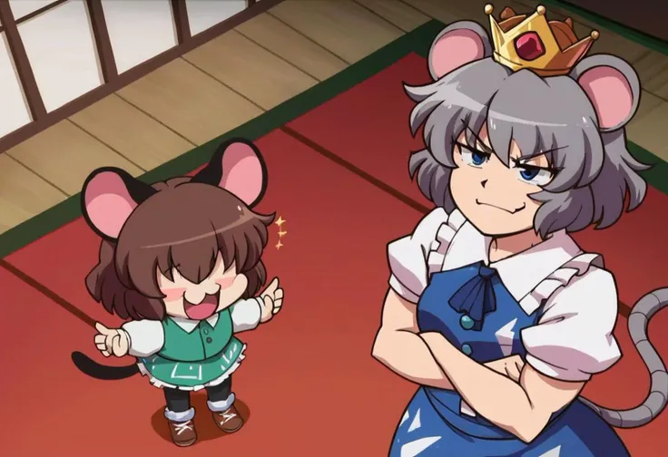 source_anime, source_pixiv, Chestnut-shaped mouth
<lora:NYN_V10:0.85>,NYN
2girls, Perfect Face, perfect hands,  cheese, holding cheese
Face close up, character portrait, avatar,hair covering eyes,  dark grey hair, fluffy-curly hair, pointing, measuring stick, toned, muscles, tights,  , humiliation, cape, white gloves, fuzzy leg warmers, monocle, crown,, very tall woman, skinny, fat thigh, standing,  aggressive posture, smug face, sassy posture, Tanuki Tail,  large Mouse ears, tiger hair, Rat Ears, Touhou, Nazrin.  Cute, , rubbing. Standing, indoors, dark interior, Cheese factory, throne room, Japanese, , Bird's-Eye-view,  viewed from above, 
score_9, score_8_up, score_7_up absurd res, masterpiece, flat color, high quality,