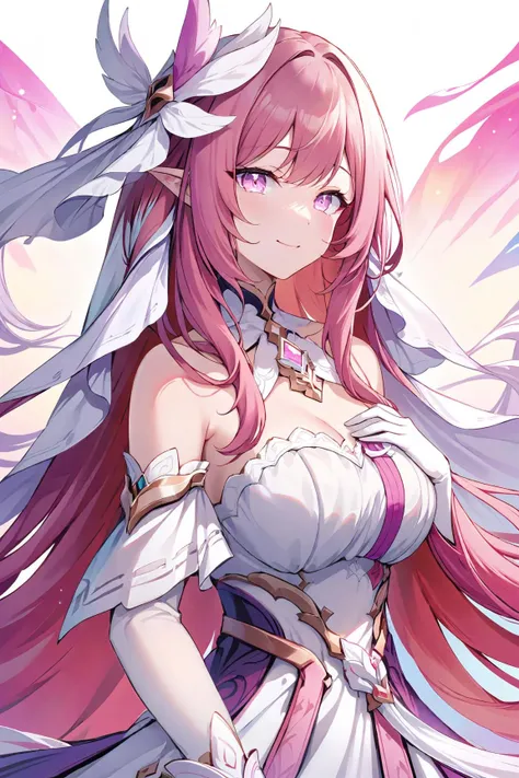ultra-detailed,(best quality),((masterpiece)),(highres),original,extremely detailed 8K wallpaper,(an extremely delicate and beautiful),
anime,
\\,
1girl,long hair,solo,pink hair,gloves,white gloves,boots,bangs,dress,breasts,cleavage,hair ornament,closed mouth,white dress,bare shoulders,white footwear,upper body,smile,pointy ears,simple background,looking at viewer,pink eyes,elf,very long hair,
<lora:elysia_xl-v2:0.9>,