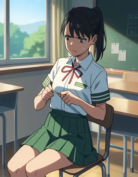 score_9, score_8_up, score_7_up, score_6_up, score_5_up, score_4_up, source_anime,
<lora:suzume-pack-ponyxl:0.75>
suzume, school uniform, ponytail, hairclip, short sleeves, neck ribbon, white shirt, green skirt, pleated skirt, red ribbon,
1girl, annoyed, classroom, sitting