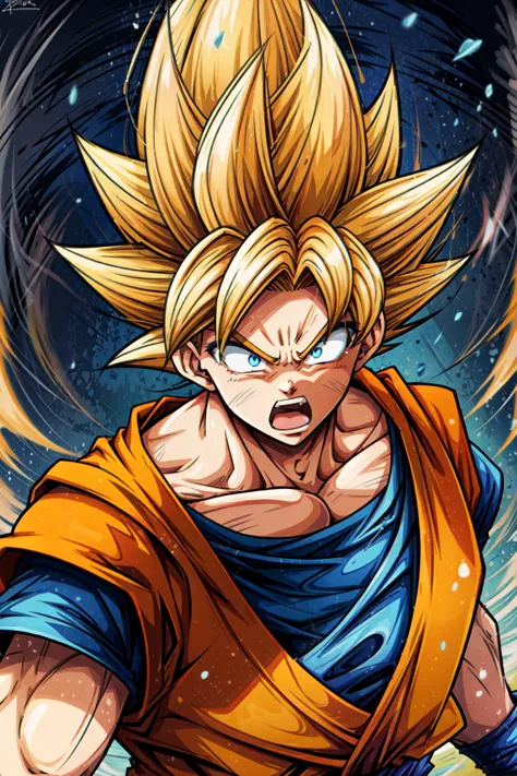 <lora:constricted_pupils_v0.2a:1> upper body, 1boy, son goku, super saiyan, blonde hair, yellow aura, blue eyes, wide-eyed, constricted pupils, angry, screaming, open mouth, :o, outdoors, nature, masterpiece, best quality, highly detailed, absurdres, <lora:add_detail:0.5> <lora:son_goku:0.5>