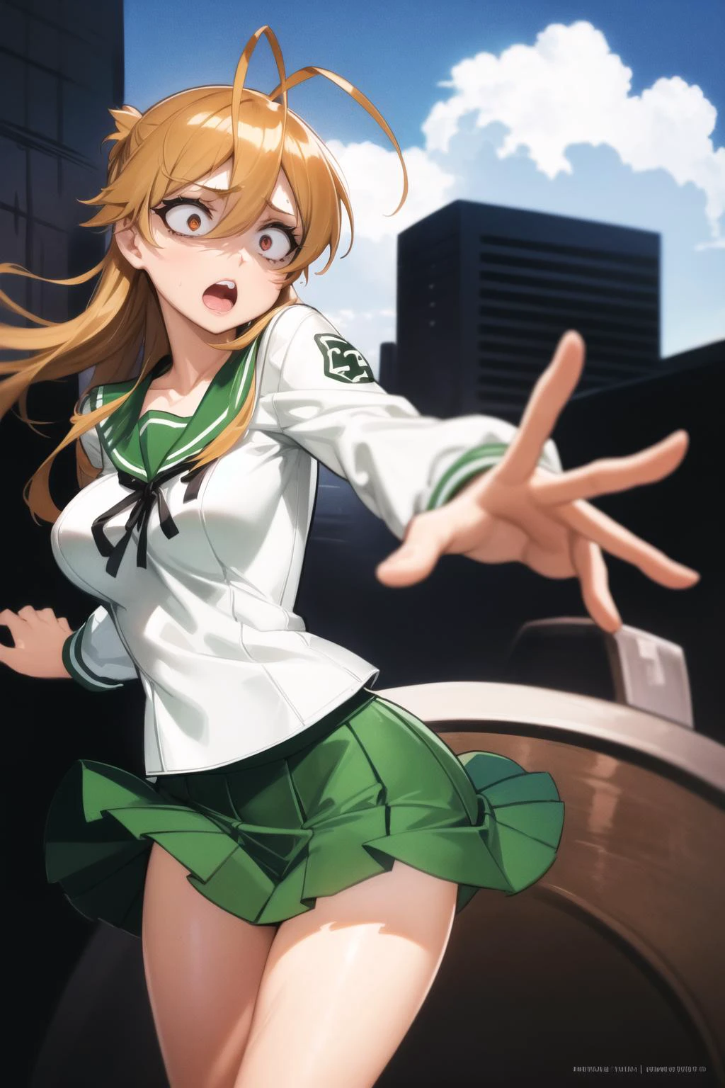 <lora:constricted_pupils_v0.2a:1.0>
1girl, constricted pupils, :o,
<lora:miyamoto_rei_v1.5:1> miyamoto rei, school uniform, zombies, green skirt, pleated skirt,, masterpiece, best quality, highly detailed