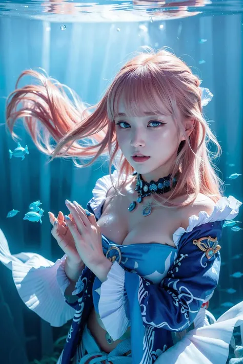 (8k, RAW photo, best quality, masterpiece:1.2), (realistic, photo-realistic:1.37),<lora:koreanDollLikeness_v10:0.5> ,<lora:sangonomiyaKokomi_v10:1>,kokomi,1girl,(Kpop idol), (aegyo sal:1),cute,underwater, floating, wet, professional lighting, photon mapping, radiosity, physically-based rendering,red hair,(medium hair),cowboy shot,open mouth,fish surrounded,seabed,undersea,
