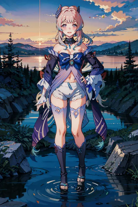 masterpiece, best quality, smile, open mouth, upper teeth, blush, hands on hips, 1girl, forehead, side ponytail, short shorts, navel, solo, very long hair, full body, boots, sky, sun, mountain, forest, grasslands,sangonomiya kokomi, genshin impact, pink hair,
<lora:sangonomiyaKokomi_v10:0.8>