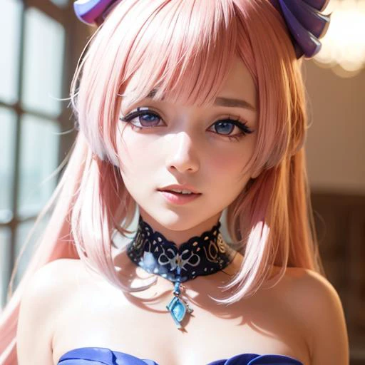 (masterpiece, sidelighting, finely detailed beautiful eyes: 1.2), shiny hair, glowing eyes, lustrous skin, realistic, 3d face, sangonomiya kokomi, purple eyes, hair ornament, gradient hair, pink hair, long hair, revealing, camel toe,dress,(Kpop idol),cute,professional lighting,