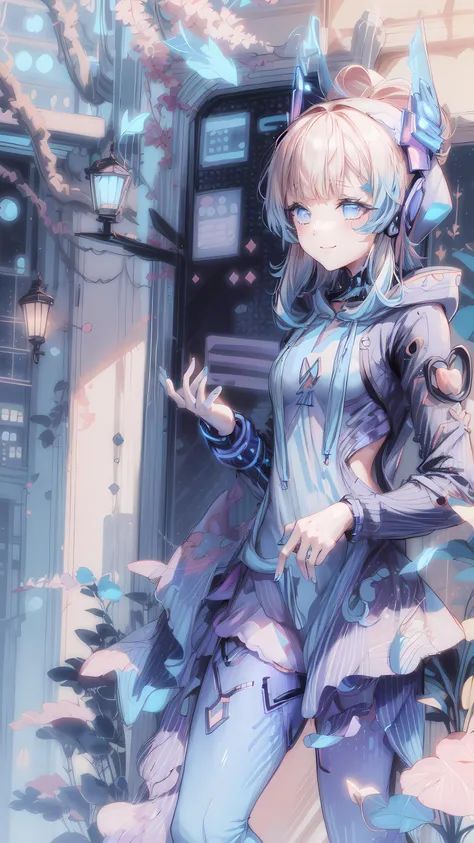 1girl, sangonomiya kokomi, long hair, hair blowing in the wind, (light blue cyber hoodie:1.6), light blue pantyhose, portrait, smile softly, looks down, kawaiitech, pastel colors, kawaii, cute colors, <lora:KawaiiTech:1> <lora:add_detail:1> <lora:kokomi:1>