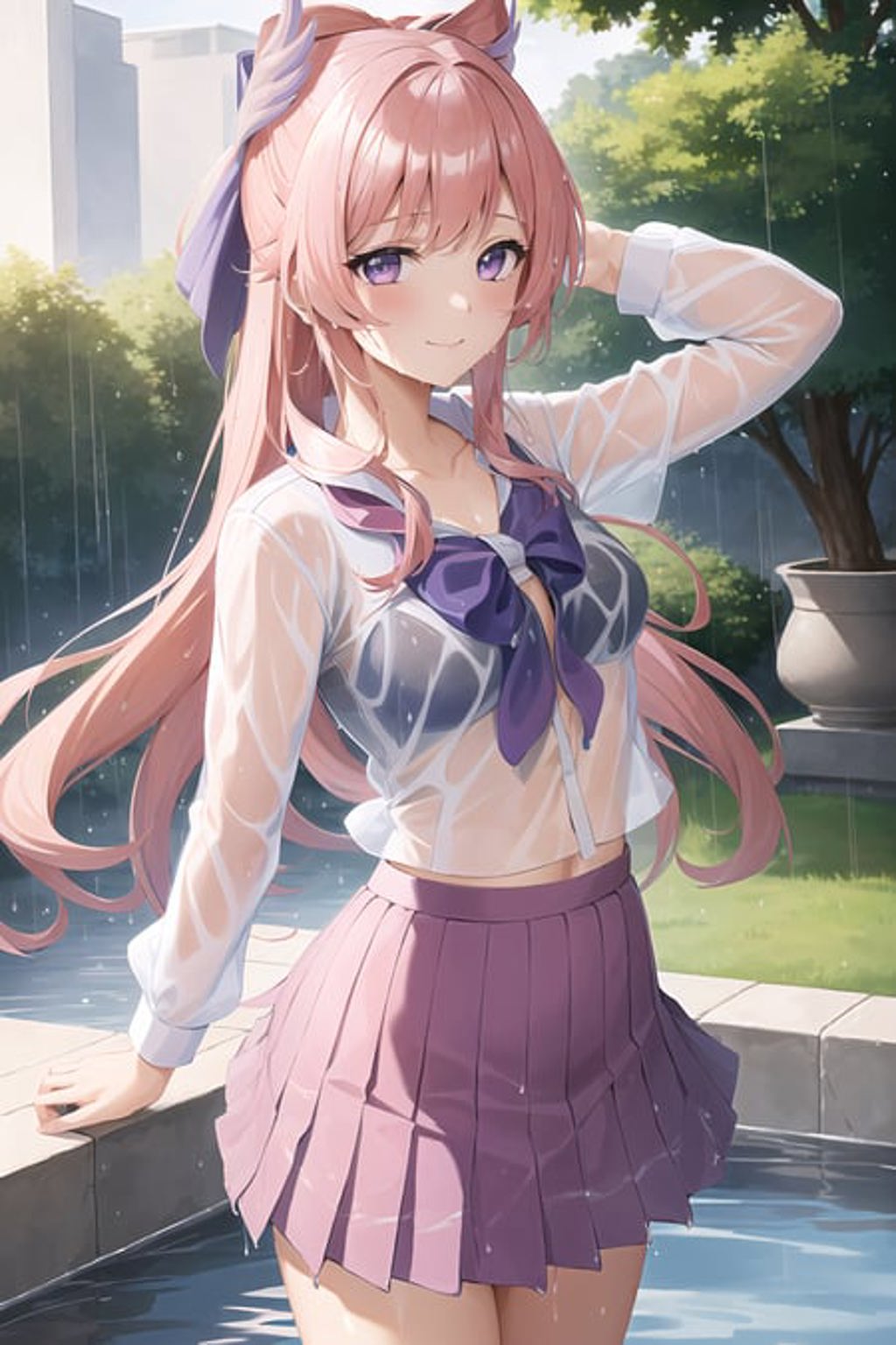 Anime girl in a short skirt and a white shirt posing in the rain ...