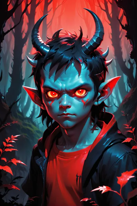 Painted By Andreas Rocha <lora:MattSchustyle:0.4> <lora:DigitalArtist_Andreas_Rocha:0.9> , portret of Small demon boy with small horns, in a forest at night, looking through bushes, futuristic, hyper digital background, extremely detailed and realistic, back red light,