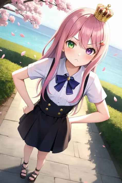 (masterpiece, best quality, detailed), 1girl, solo, full body, dutch angle
BREAK himemori luna, ho****ve, purple eyes, green eyes, heterochromia, crown, pink hair, gradient hair, hair ring, candy hair ornament, pout
BREAK outdoors, cherry blossoms, hands on hips