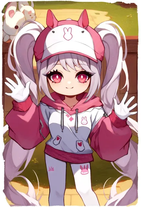 score_9, score_8_up, score_7_up, rating_safe, border, chibi, solo, 1girl, alicebunny, smile, looking at viewer, waving, twintails, very long hair, grey hair, hat, pink eyes, hoodie, white leggings, white gloves <lora:style_onmyoji_ponyXL-000007:1> <lora:alice-nikke-richy-v1_pdxl:1>