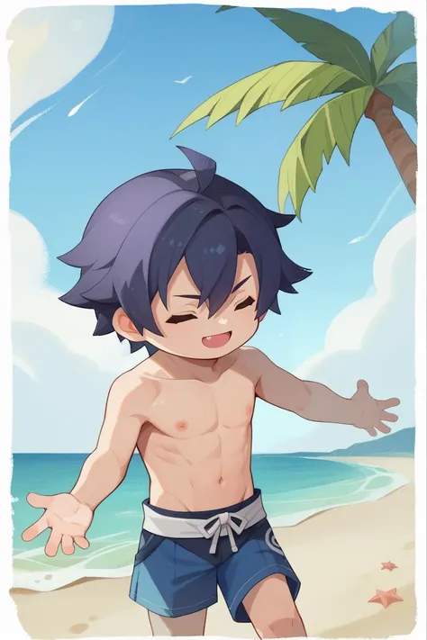 score_9, score_8_up, score_7_up, score_6_up, source_anime, BREAK 1boy, solo <lora:rean-pdxl-nvwls-v1-000006:0.9> sen1rean, black hair, topless, swimsuit, blue shorts, happy, closed eyes, chibi, beach, blue sky, palm tree <lora:style_onmyoji_ponyXL-000007:1> border, chibi