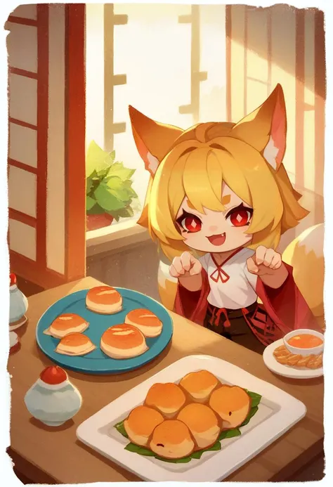 score_9, score_8_up, score_7_up, rating_safe, border, chibi, multiple girls, fox girl, smile, paw pose, animal ears, red eyes, shirt, pants, indoors, table, plate of food <lora:style_onmyoji_ponyXL-000007:1>