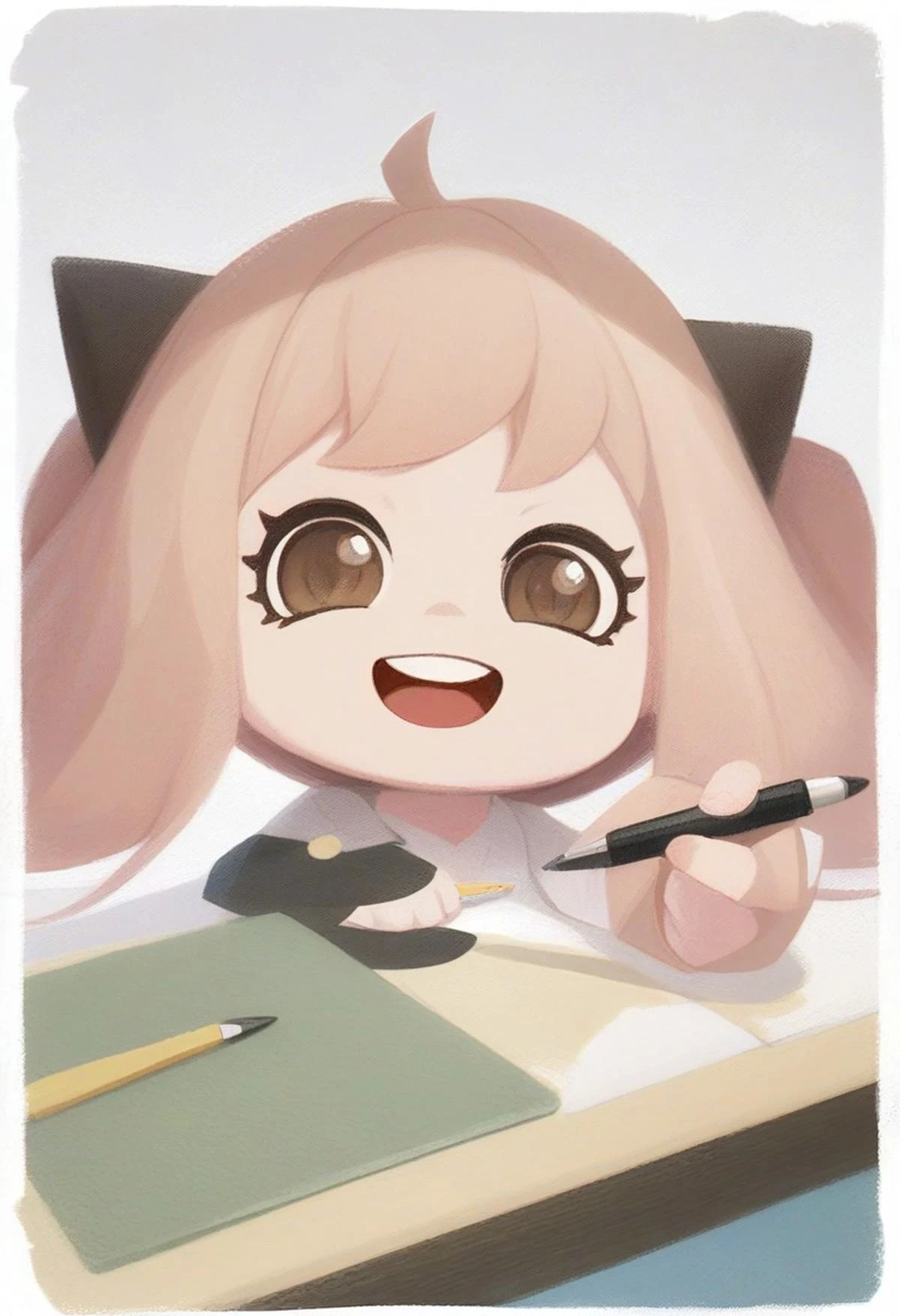 best quality,masterpiece:1.9, highres:1.9, score_9, score_8_up, score_7_up:1), 1girl,solo,newest,rating: general, looking at viewer , <lora:Anya_XL-step00001800:0.8> ,(floating twintails, Chocolate (web) hair, Chocolate (web) eyes, female , anya (spy x family,hairpods),child, Chocolate (web) cardigan armour), pants, close-up:1.9, mountaintop, big laugh, stretching body, (((Ballpoint Pen:1.9))), ng_deepnegative_v1_75t, OverallDetail, EyeDetail, portrait, border, chibi