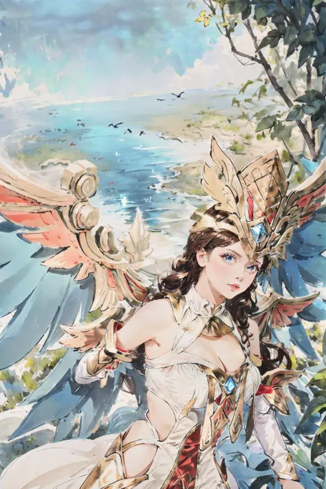 ((big breasts)), ((big breasts)), 1girl, solo, long hair, brown hair, black hair, dress, cleavage, bare shoulders, medium breasts, outdoors, detached sleeves, wings, white dress, bird, (blue wing), BREAK green wings, white clothes, <lora:lauriel-08:1>, big wing, fly, (masterpiece,best quality:1.5)